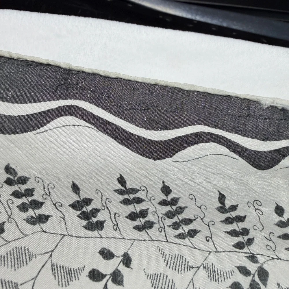 Womens Vintage Square Scarf Gray White Black Botanical Fern Leaf Hand Rolled
